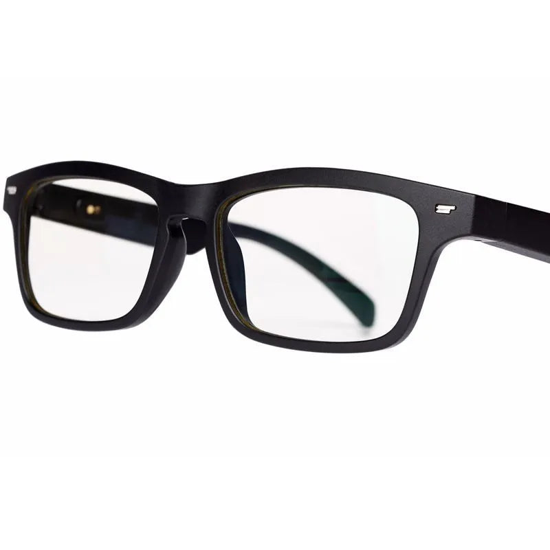 Smart glasses with tinted lenses featuring semi-open ear speakers and a Bluetooth microphone on the frame.
