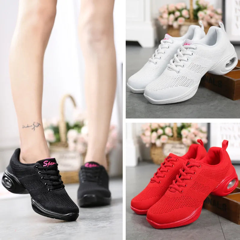 Women's white breathable fly woven mesh dance shoes with a soft PU sole on a light background.