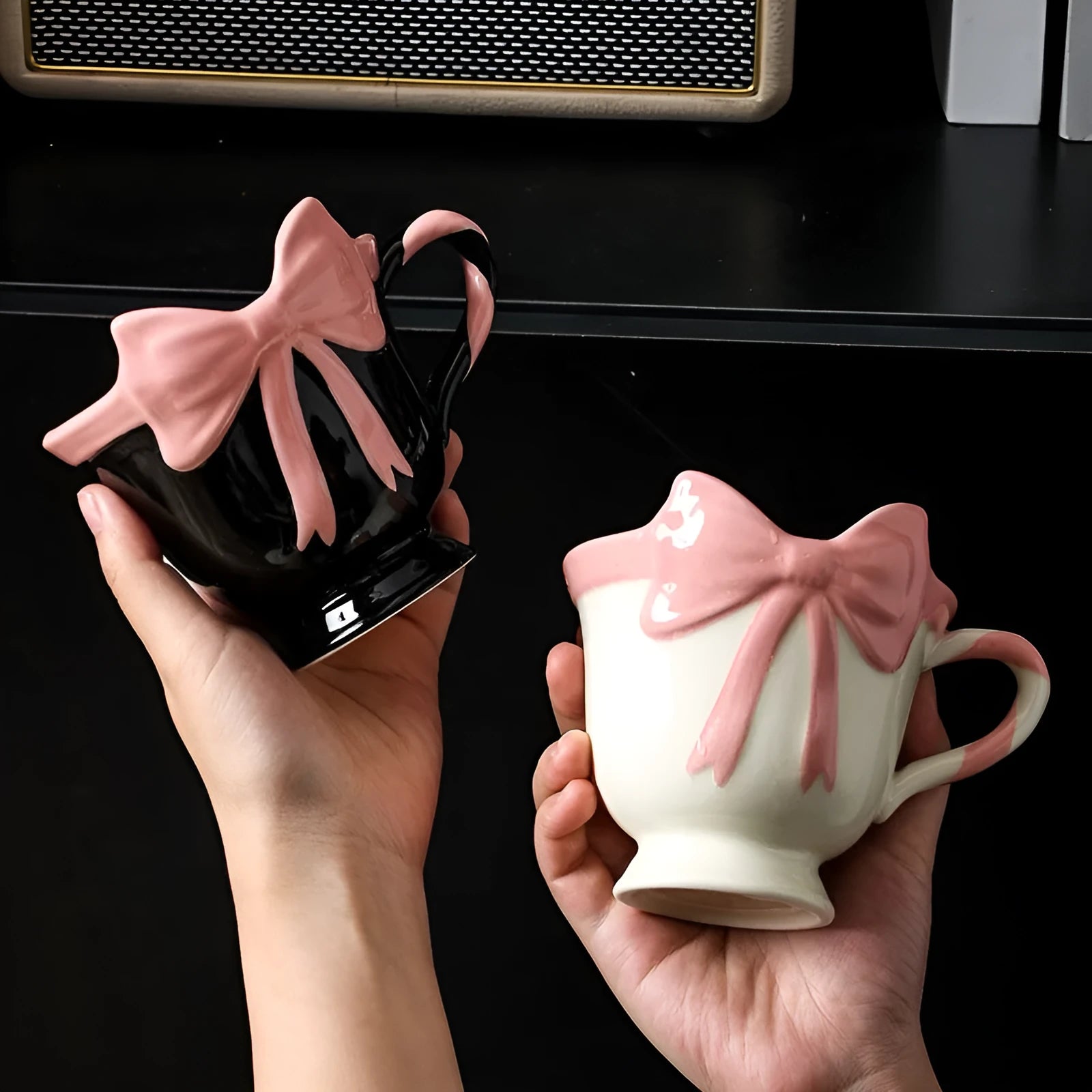 Ceramic mug with girl heart bow design in black pink colour
