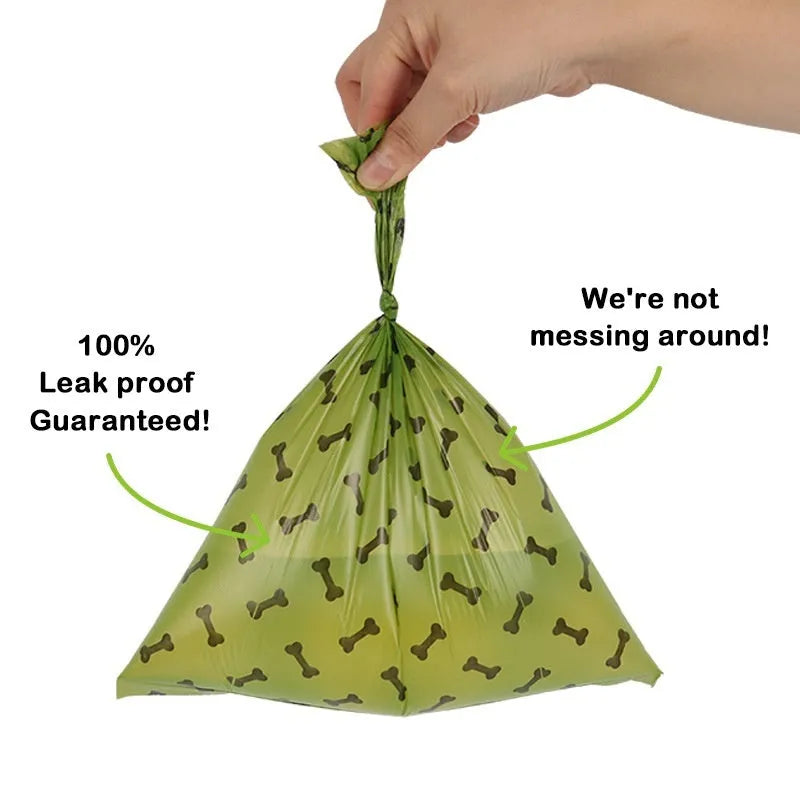 Military green degradable dog poop bags with black bone pattern measuring 23x33cm