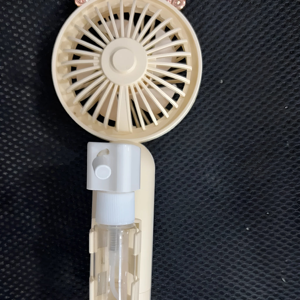 Plastic USB personal desk fan in five colour options showing compact 20cm by 6cm dimensions