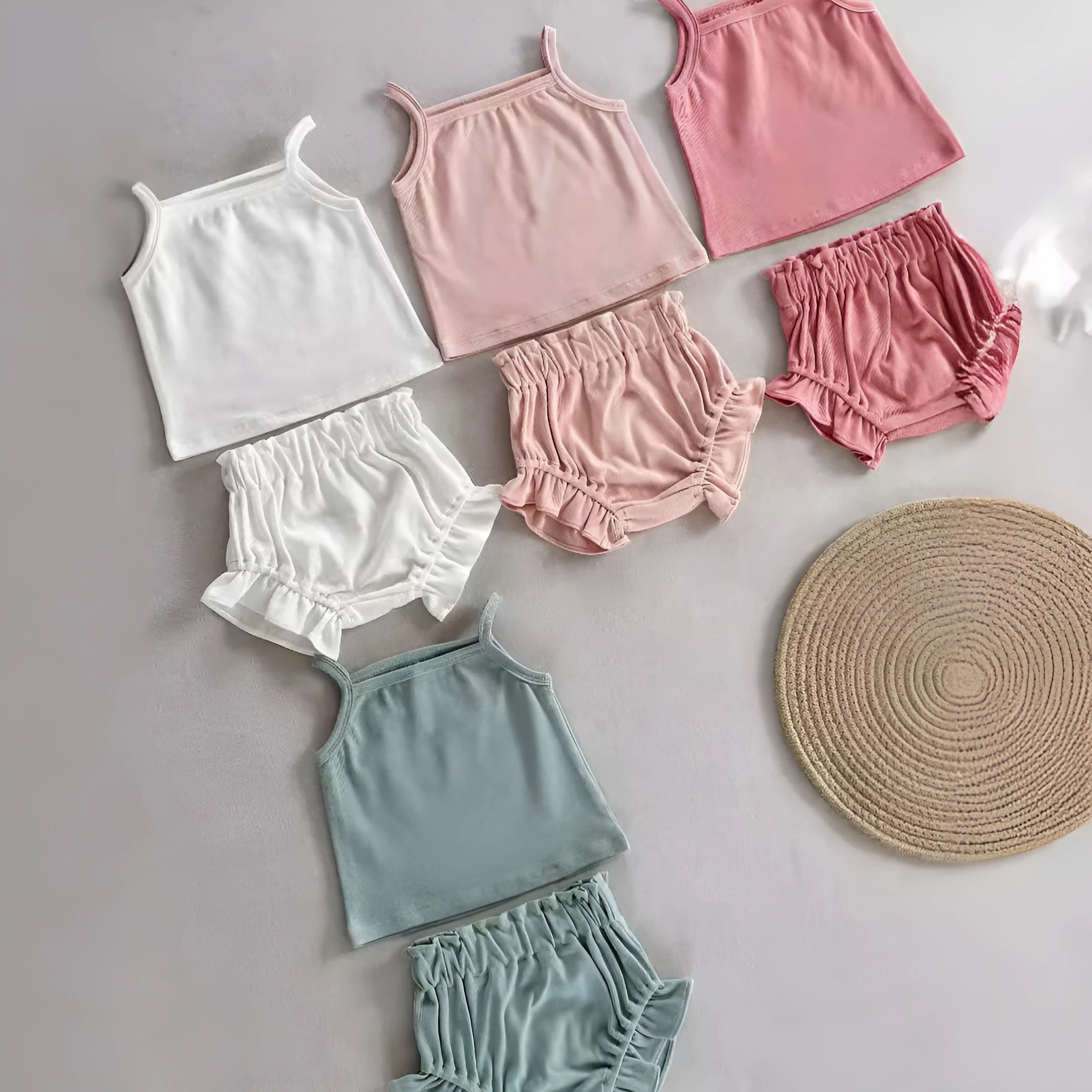 Women's cotton rib home wear two-piece set with sleeveless top and shorts in rose colour on white background