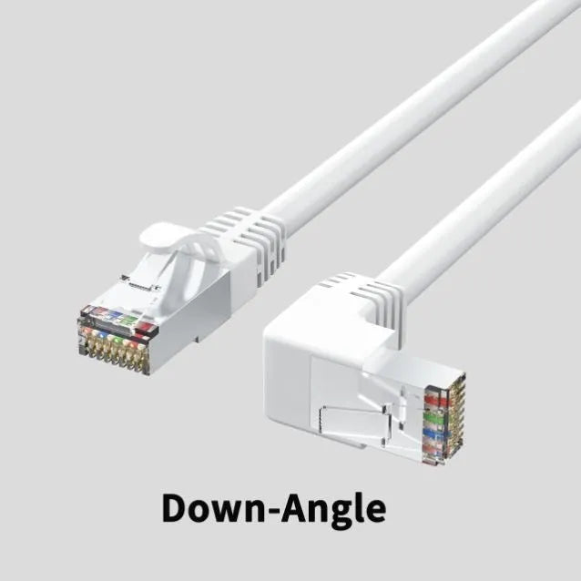 Cat6 Ethernet cable with right-angle RJ45 connector in various colours and lengths