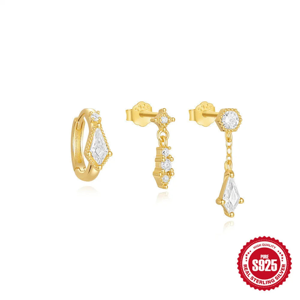 Set of three S925 sterling silver geometric tassel stud earrings in gold colour.