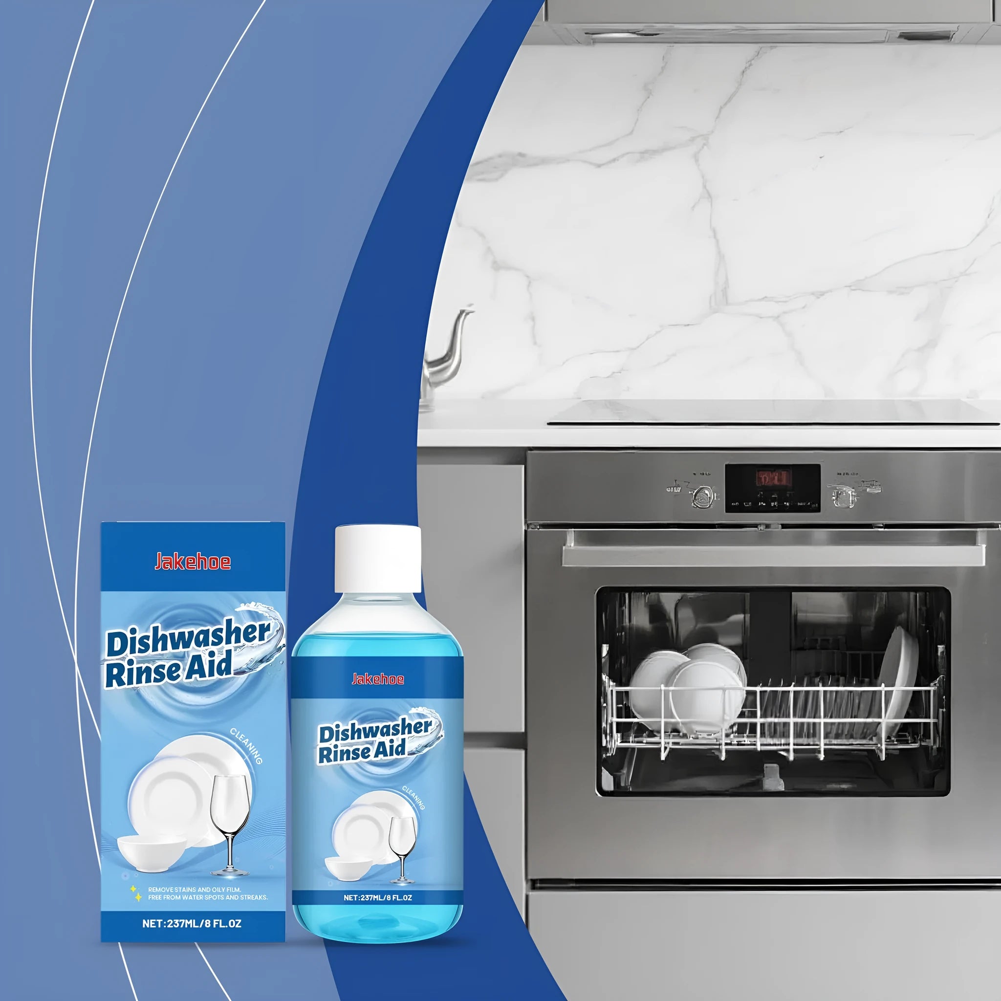 237ml bottle of dishwasher detergent aid for stain and oil removal on plates and kitchenware.