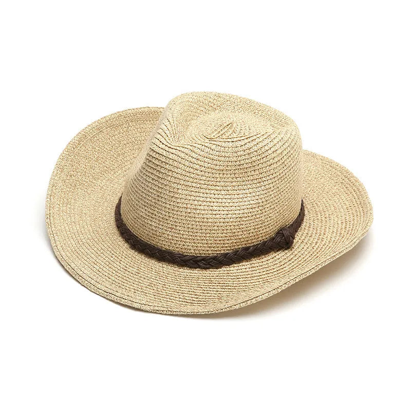 Men's foldable straw sun hat with wide brim in mixed beige colour showing size options