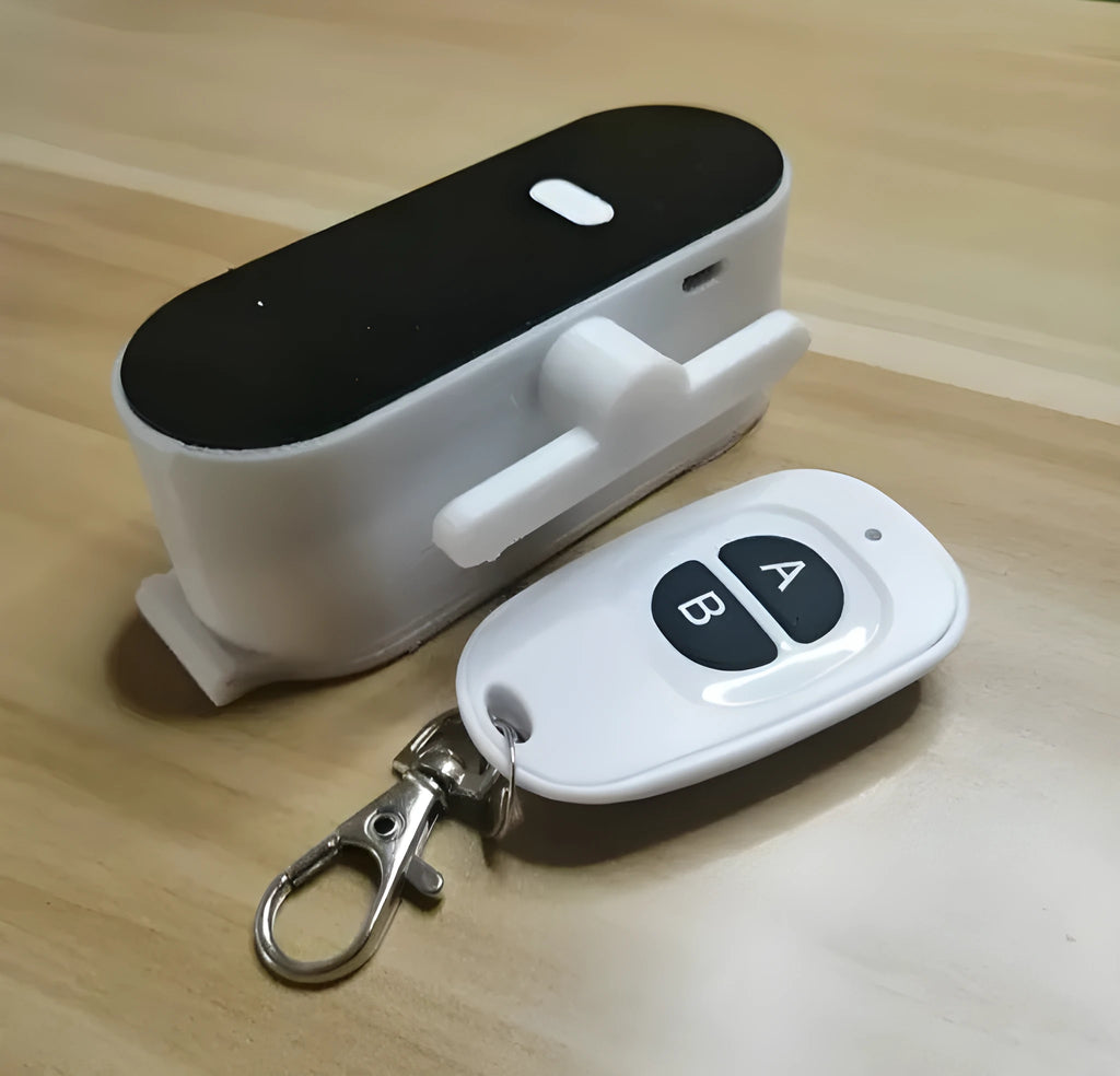 Wireless remote controller switch in elegant white with 6x4cm size and free stickers for paste-on installation