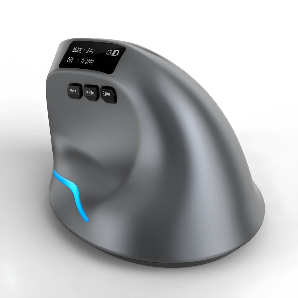 Grey Bluetooth vertical mouse with handheld grip design and wireless charging capability