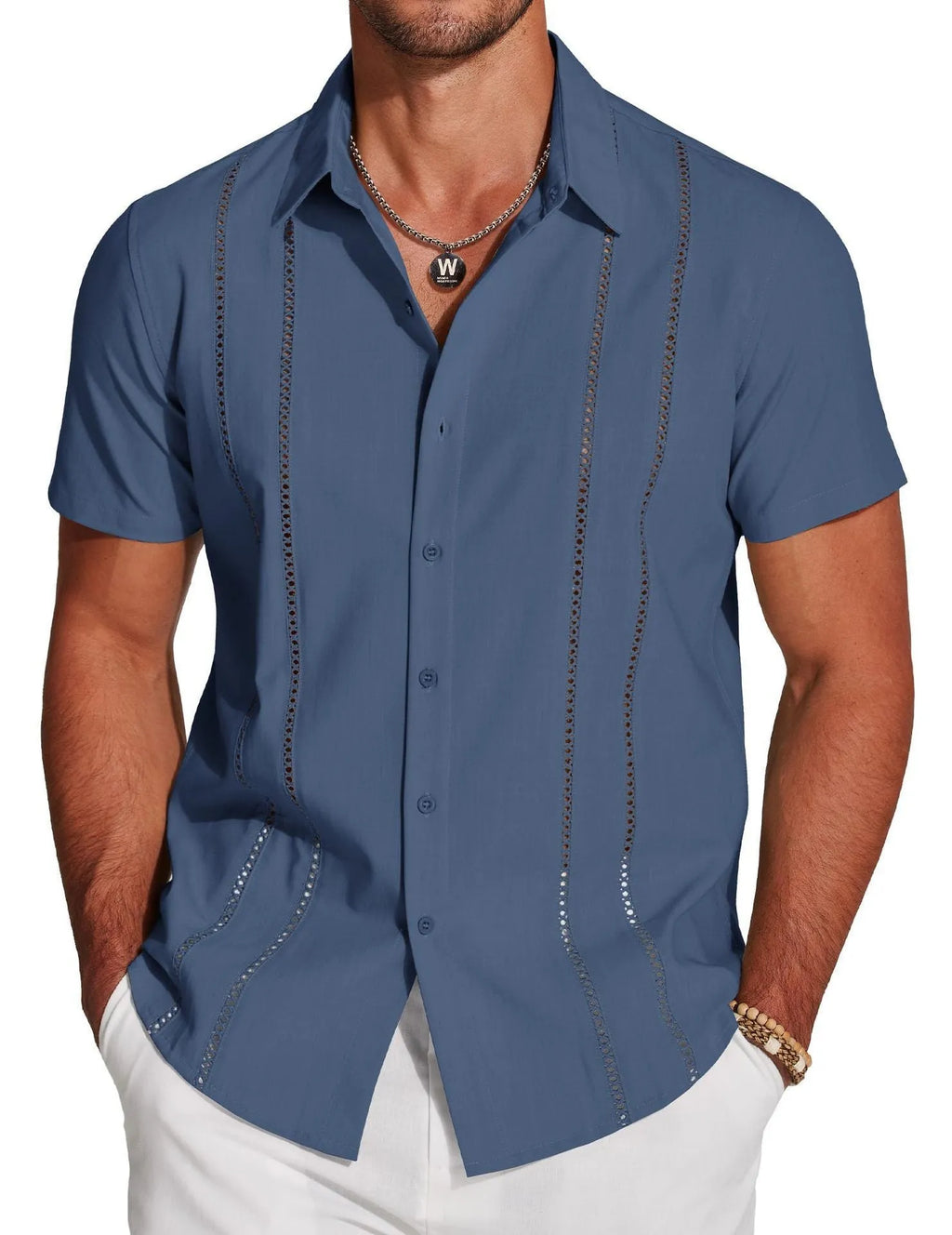 Men's slim fit Hawaiian shirt with digital print pattern and short sleeves showing elastic band construction