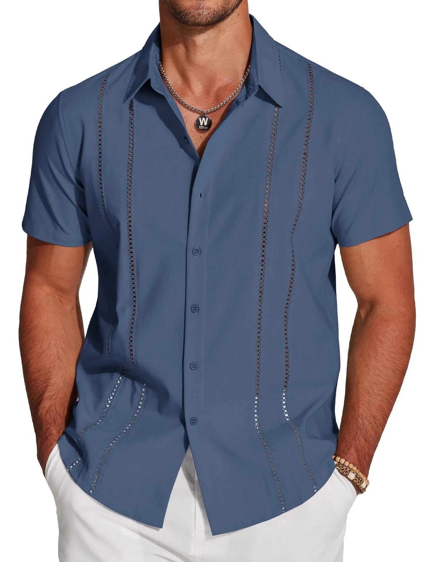Men's slim fit Hawaiian shirt with digital print pattern and short sleeves showing elastic band construction