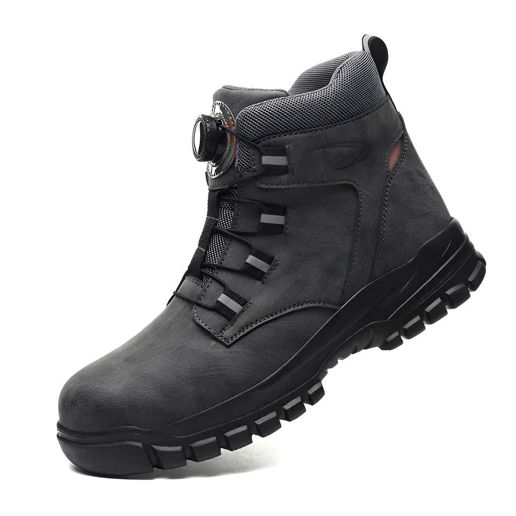 Leather safety work shoes with anti-smash and puncture protection in black, available in multiple sizes.