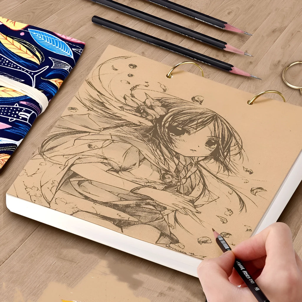 Thickened 8K sketchbook with 70 sheets, detachable coil binding, open to a marker drawing on white paper