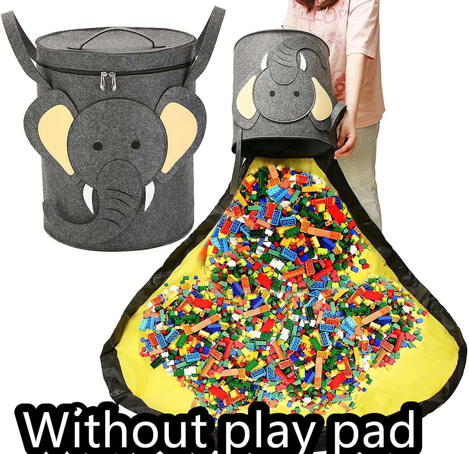 Green felt cube storage bag with pull rope, laid flat as a play mat for toys.