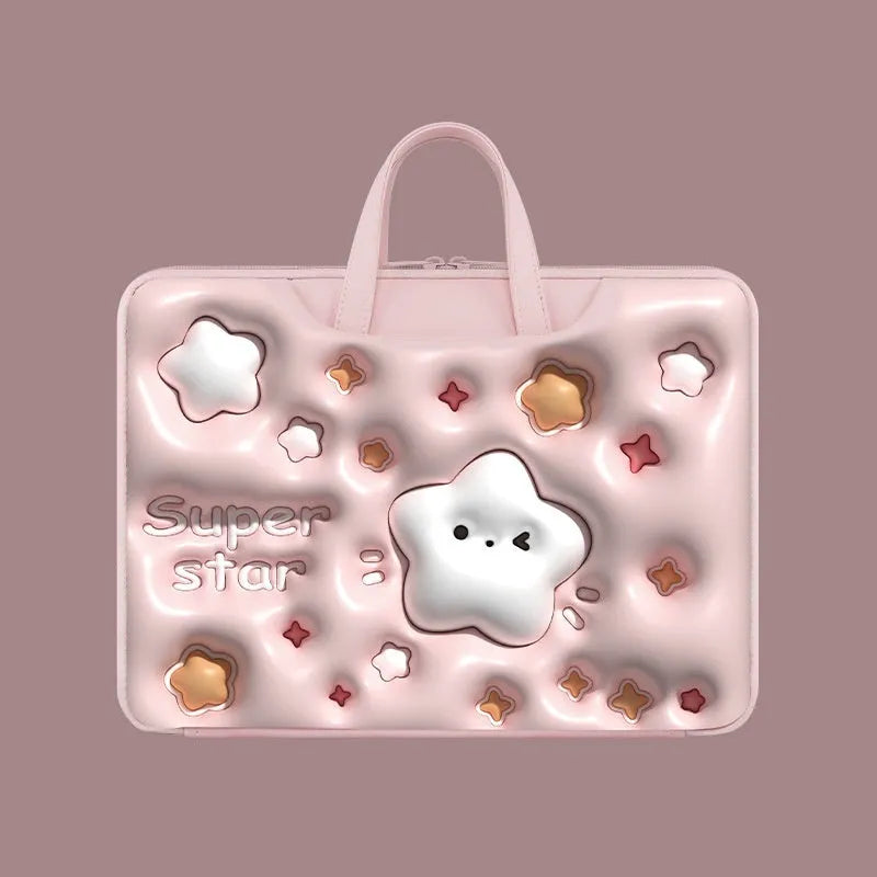Inflatable grey laptop bag with a cute panda design, showing the inflation valve and back strap for attaching to suitcase handle.