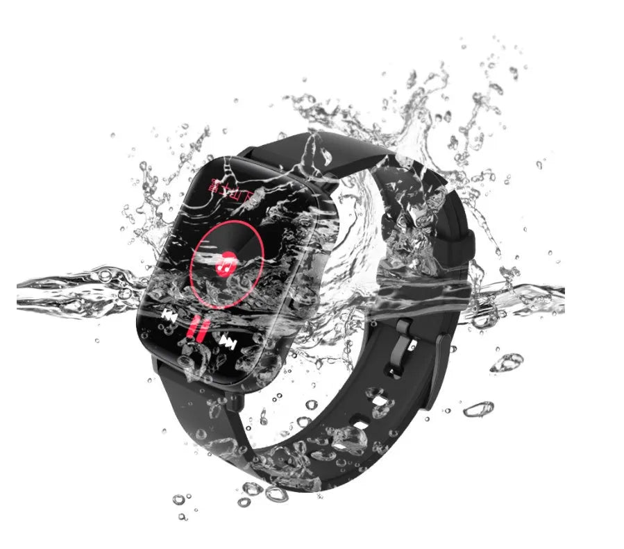 Blue smart sports watch with 1.7-inch colour touch screen on adjustable strap showing fitness data interface.