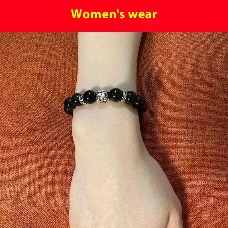 Obsidian bracelet with silver clasp showing male 12MM and female 10MM size options