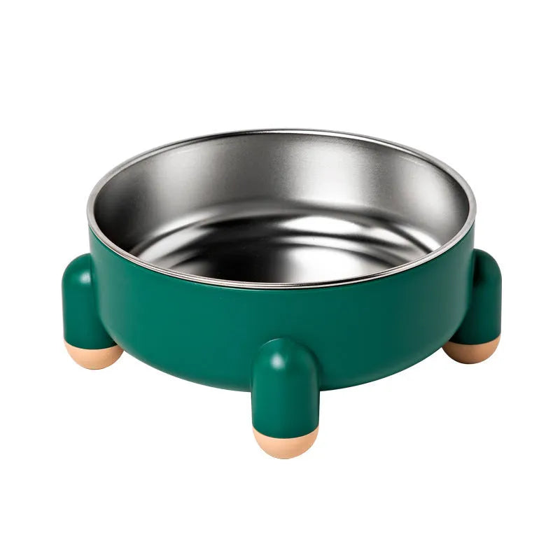 Non-slip stainless steel pet food bowl with high foot in green, pink, and white colour options