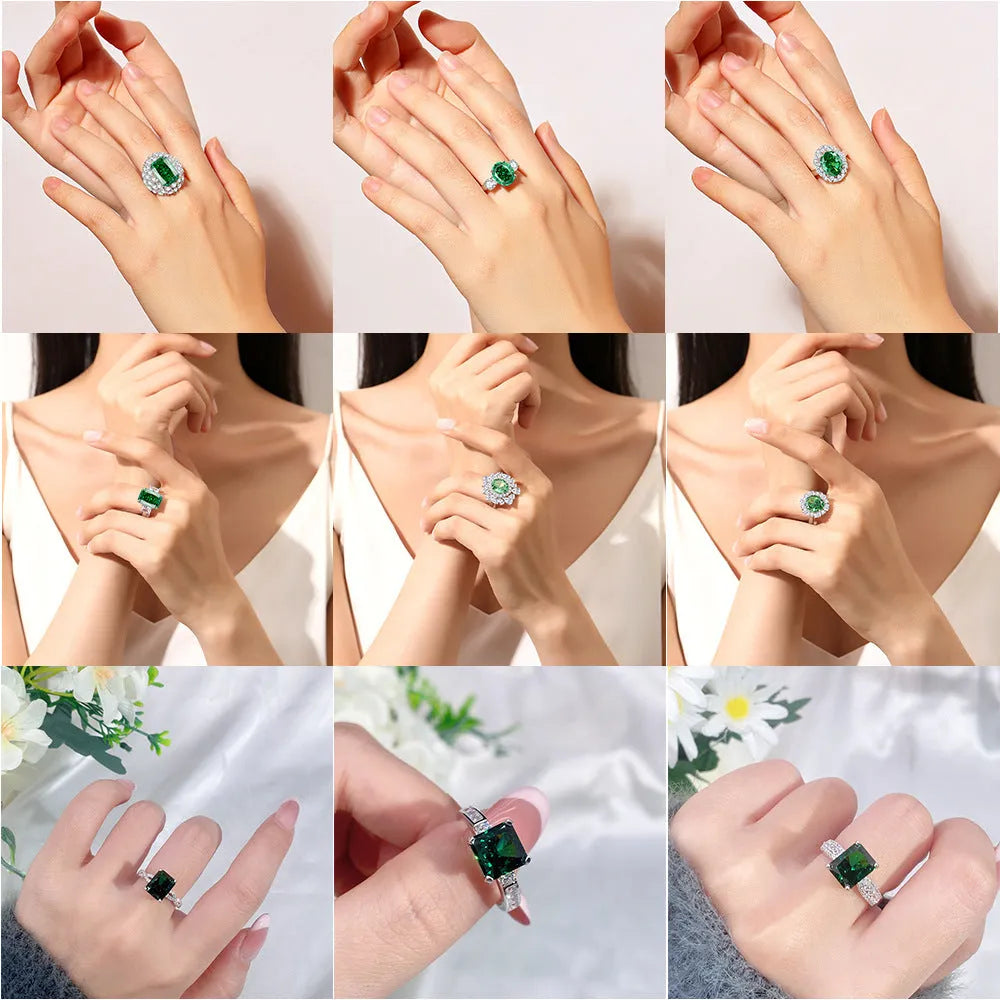 S925 silver emerald ring for women with a geometric design and an inlaid high carbon diamond centre stone.