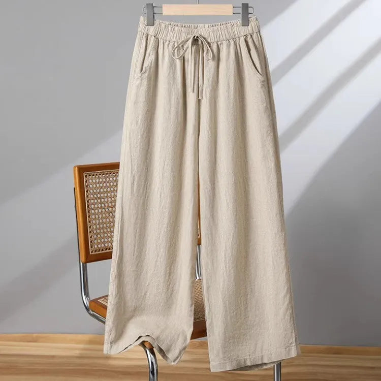 Women's straight-leg casual trousers with drawstring waist in polyester fabric