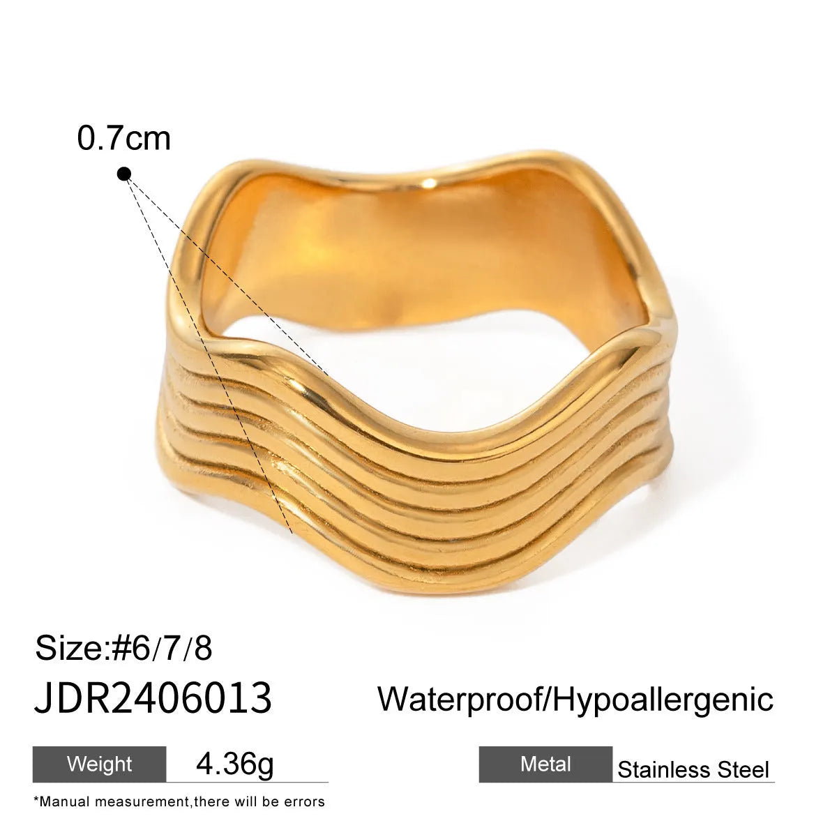 Close-up of a stainless steel ring with a wide geometric wave pattern and electroplated metallic finish.
