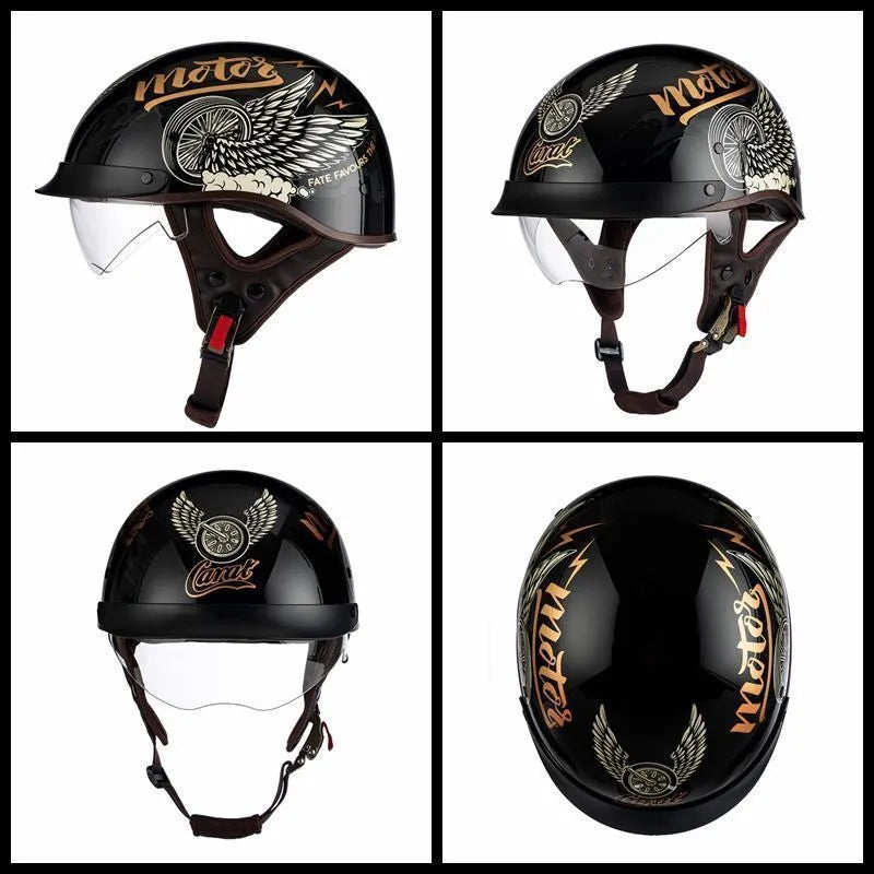 Retro electric motorcycle helmet in bright black with whiskers design on side and front vents