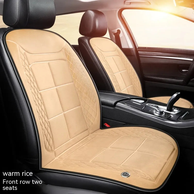 Auto heating car seat cushion with cotton filler shown in beige colour on vehicle seat