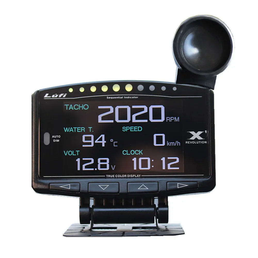 X1 Automotive OBD diagnostic instrument with LED display, metal housing, and connected power cord.