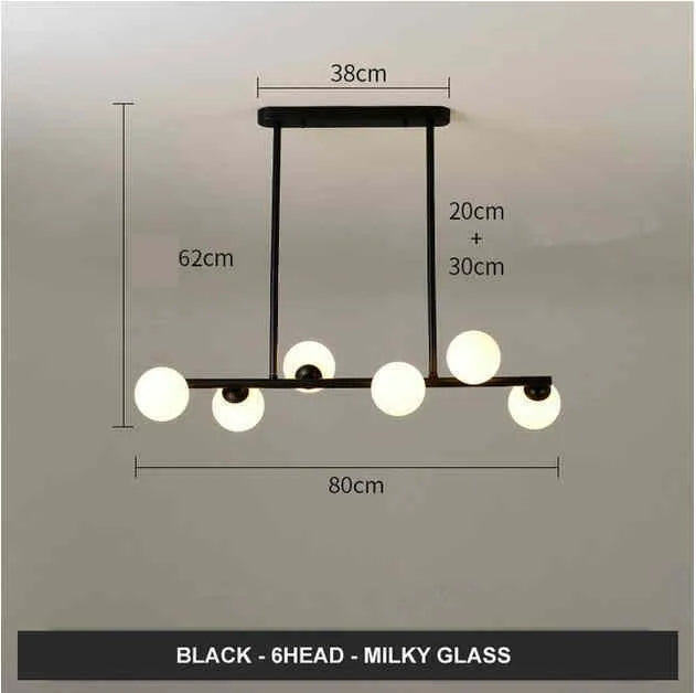 Modern minimalist glass bubble ball chandelier with black iron body and clear glass shades in a Nordic style