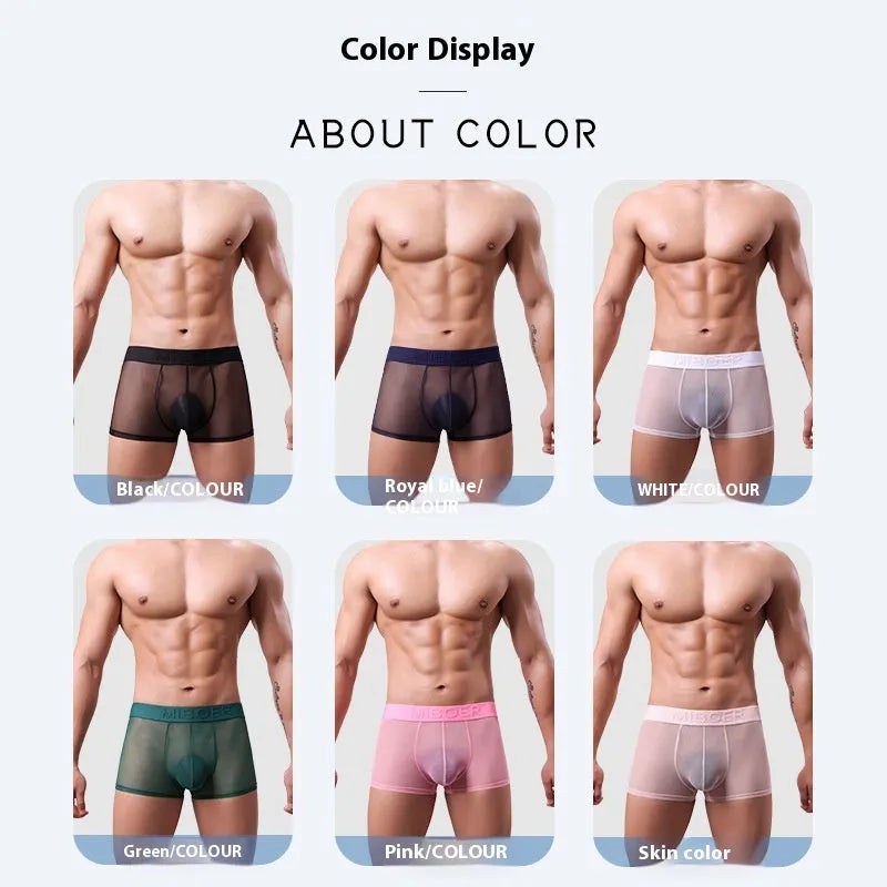 Men's thin invisible breathable boxer shorts in quick-drying polyester fabric shown in multiple colours