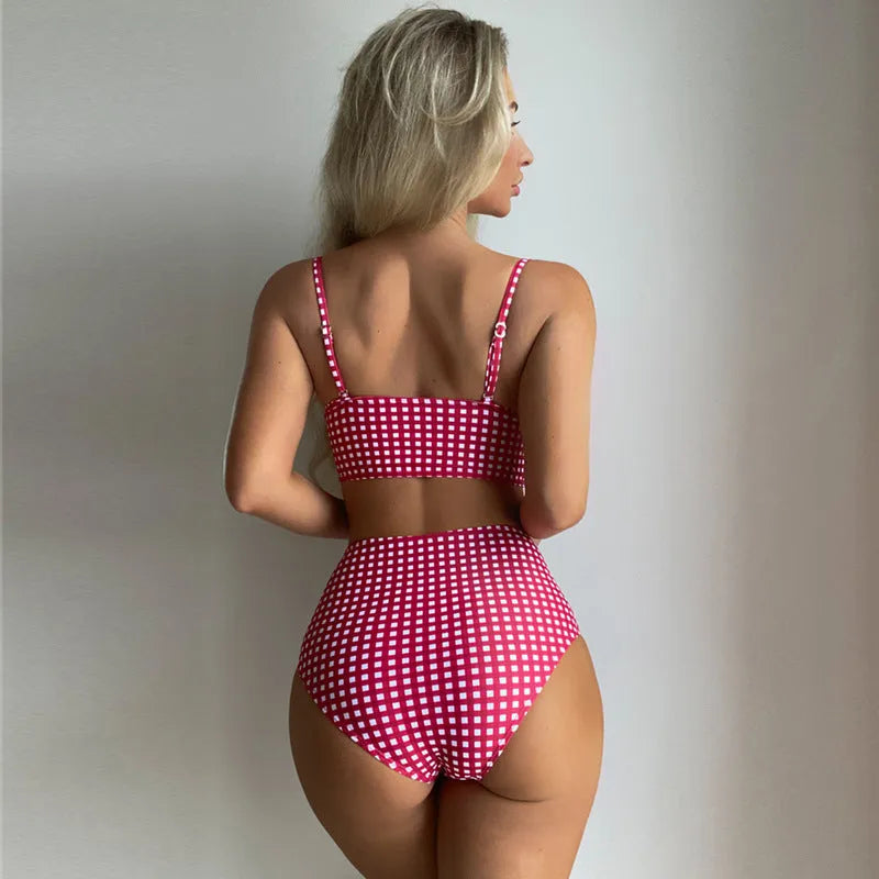 Women's plaid high-waist bikini swimsuit in rose red, black, blue or sky blue.