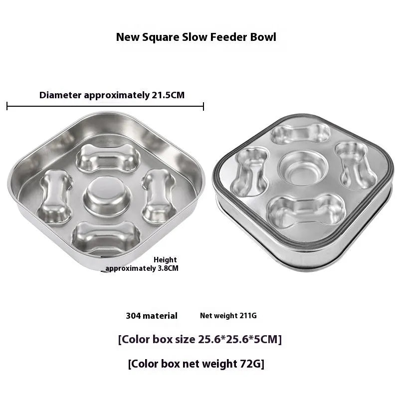 Square stainless steel slow feeding bowl with bone pattern interior for dogs and cats