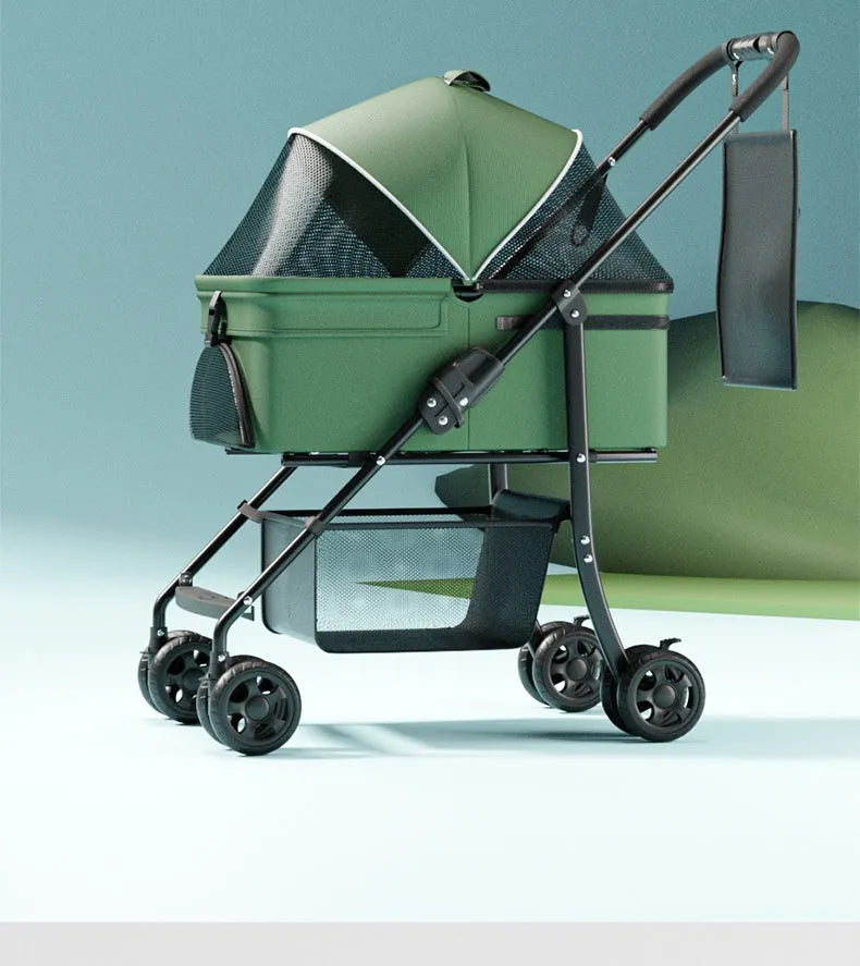 Black Warrior style one-click folding metal pet cart shown in use and folded compactly.