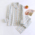 Ladies' cotton gauze homewear set with long sleeves and trousers in striped or fruit print patterns