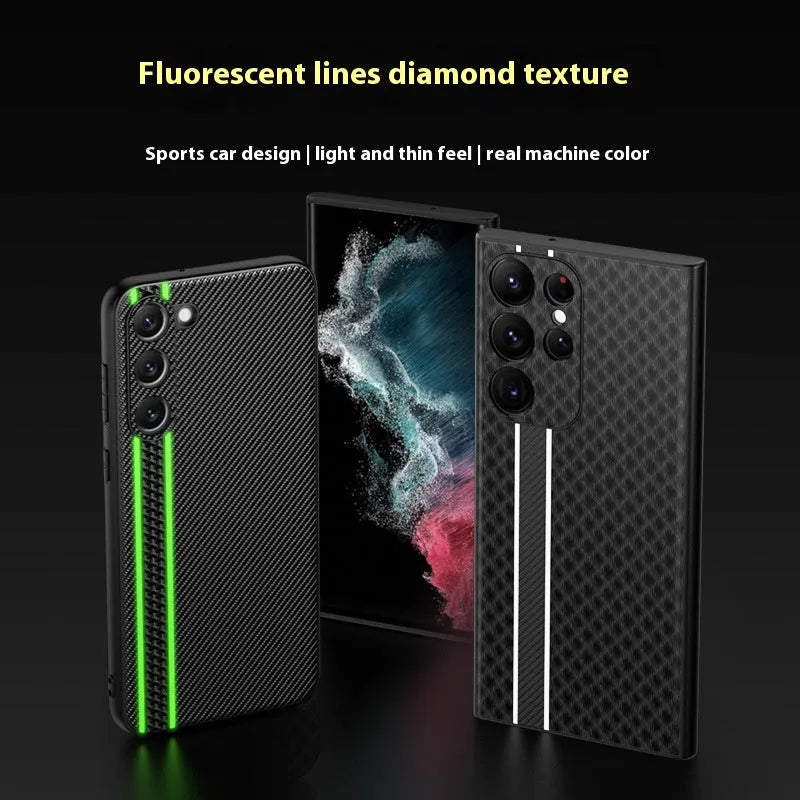 Ultra-thin carbon fibre plain leather phone case back cover for Samsung S24 with black stripe pattern