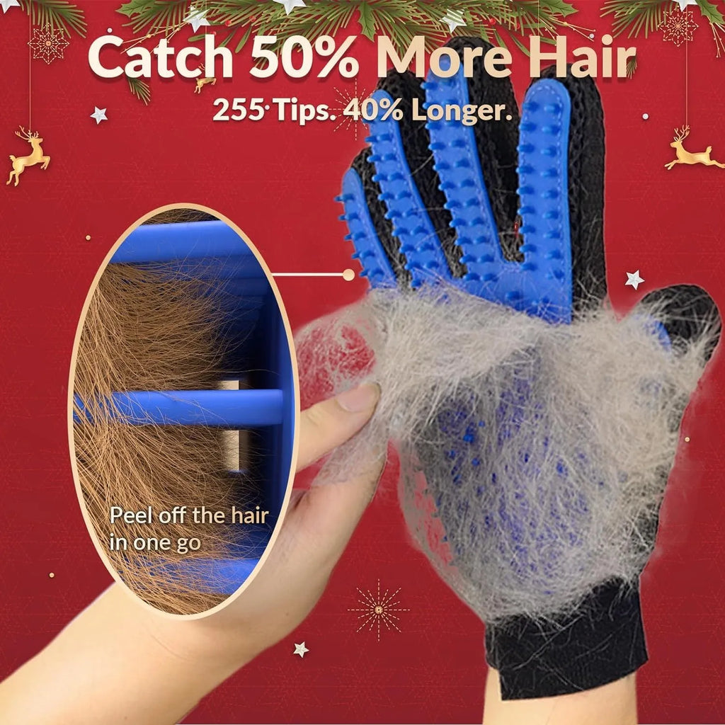 Blue pet grooming gloves with silicone tips for dog and cat hair removal and massage