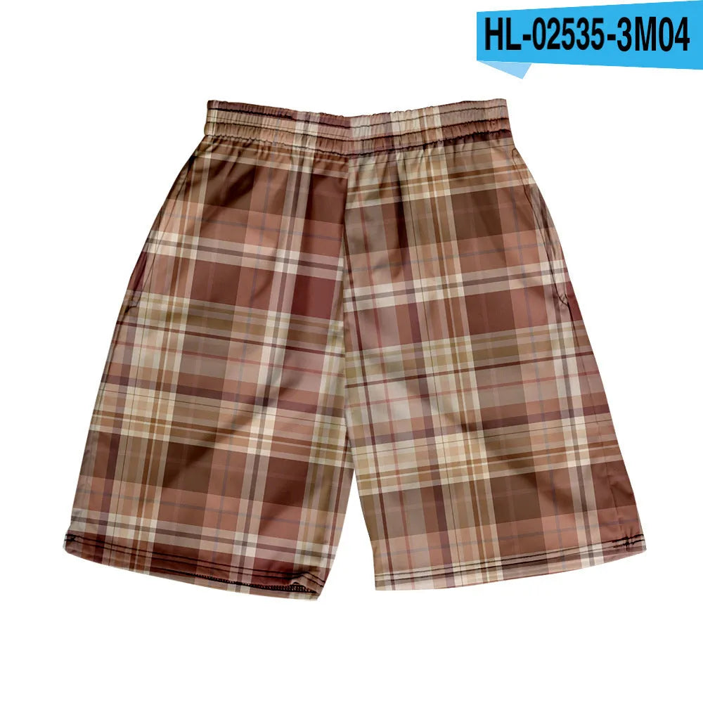 Men's polyester plaid shorts with elastic waistband in straight-leg casual style