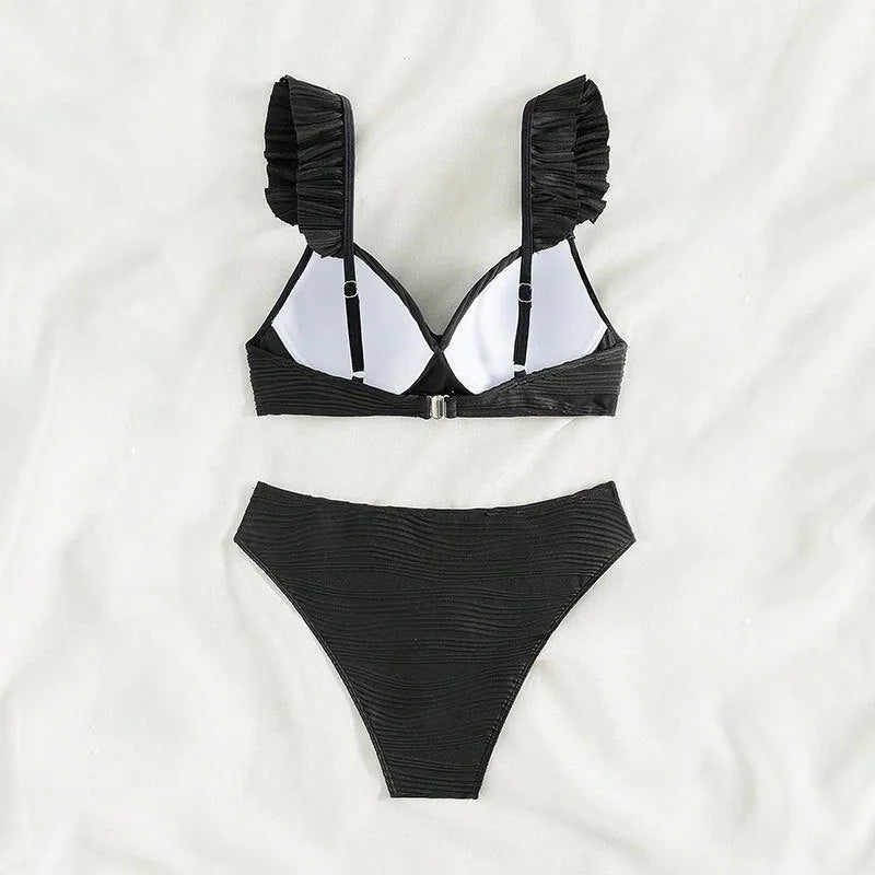 Solid colour women's bikini swimsuit in black or khaki with polyester construction