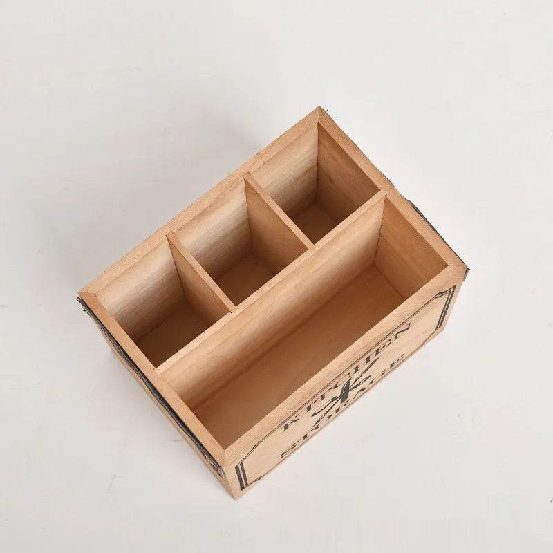 Wooden kitchen storage box with internal grid divider for organising cutlery and chopsticks