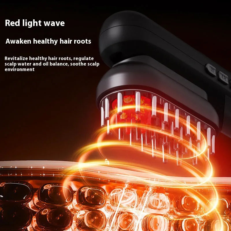 Four-in-one red light EMS massage comb for scalp soothing in black and pink, 7.5cm x 7cm x 21.5cm