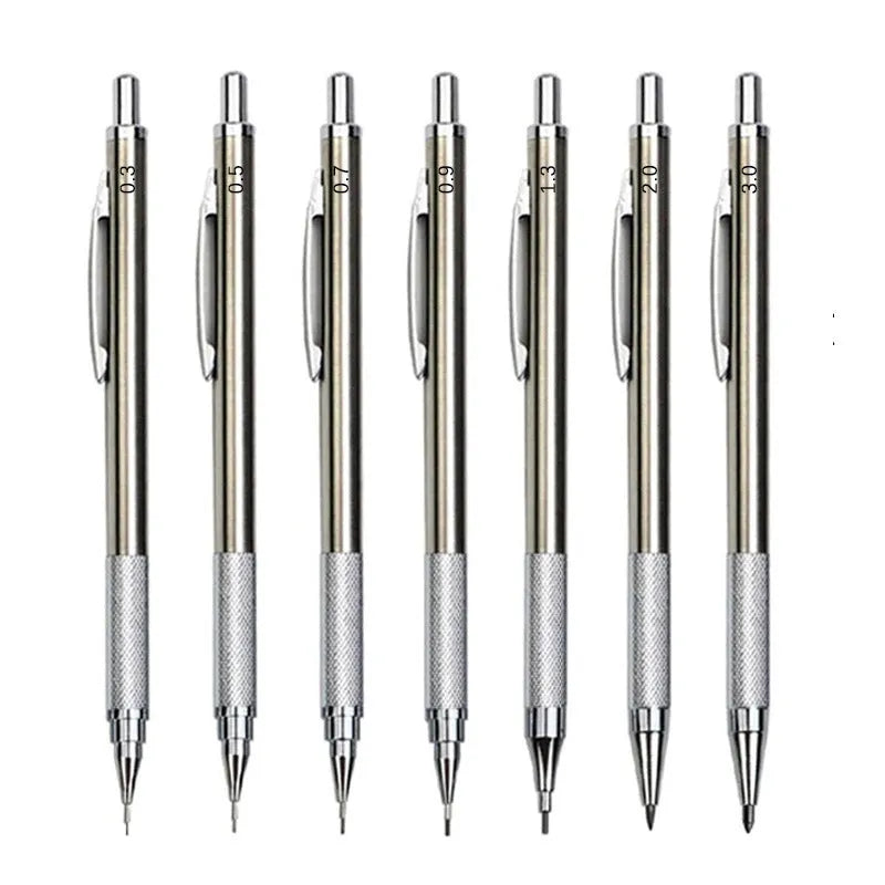 A metal mechanical pencil for drafting and writing with multiple lead size options.