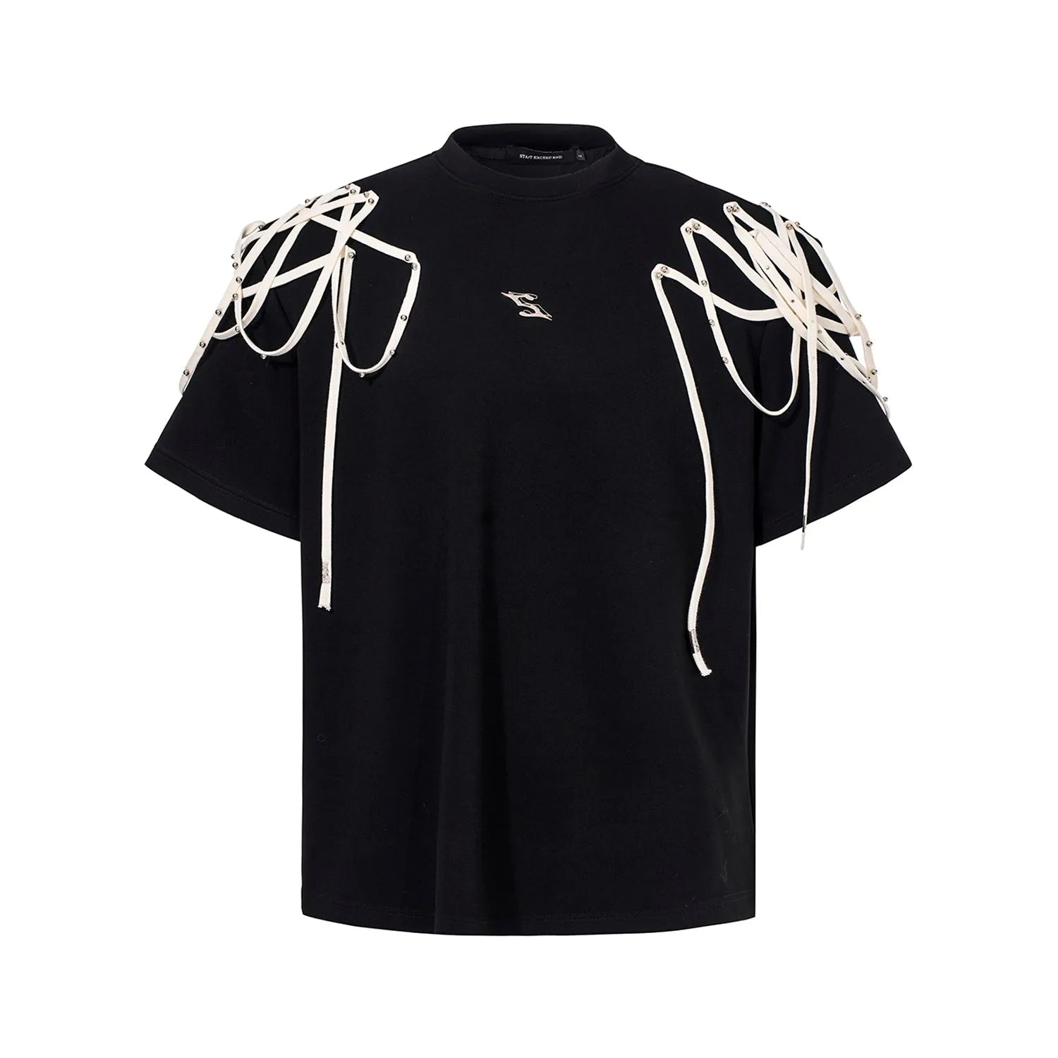 Black loose-fit short-sleeve t-shirt with padded shoulders featuring a decorative rivet and ribbon detail.