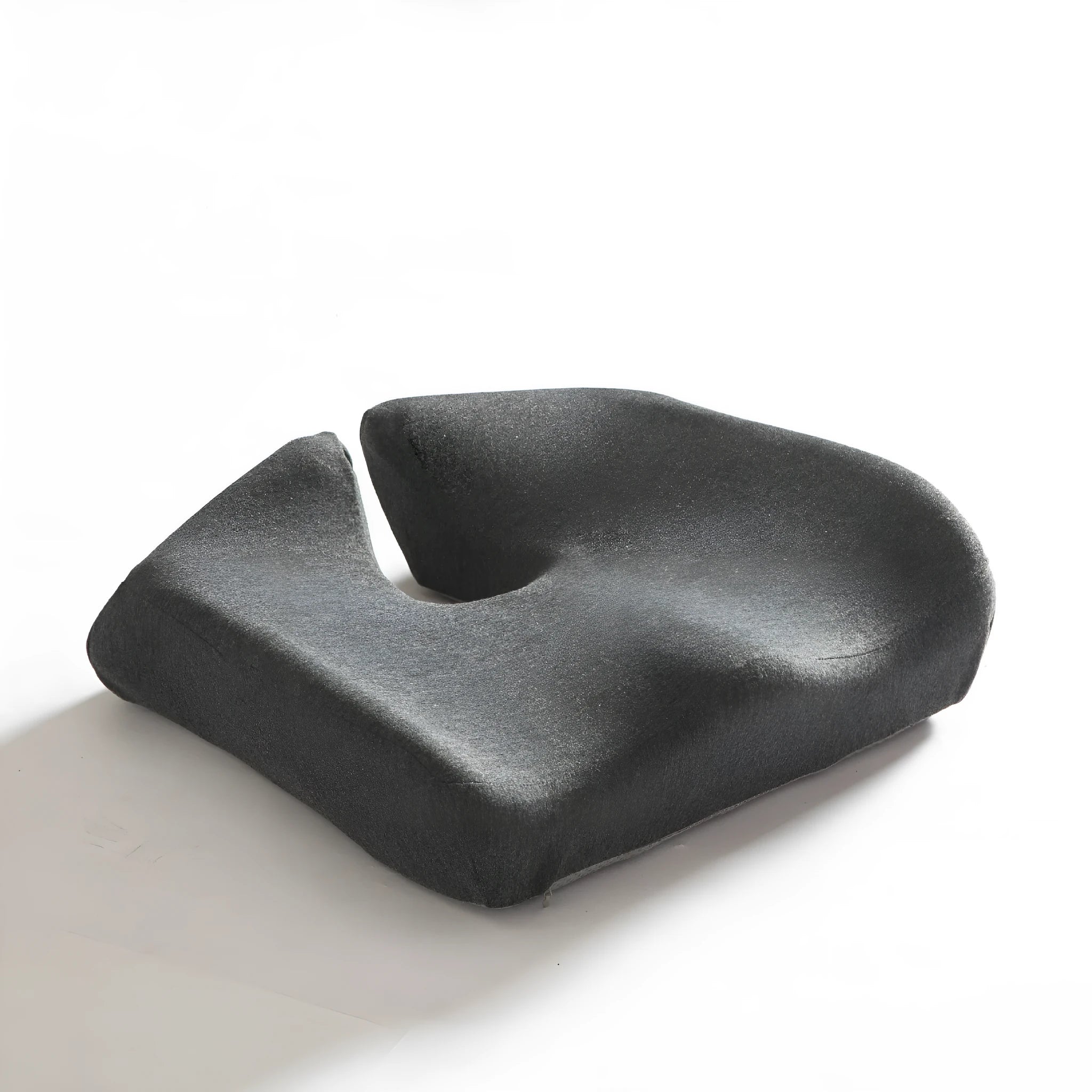 Memory foam office chair cushion measuring 36x40x11cm in dark grey with solid colour polyester cover.