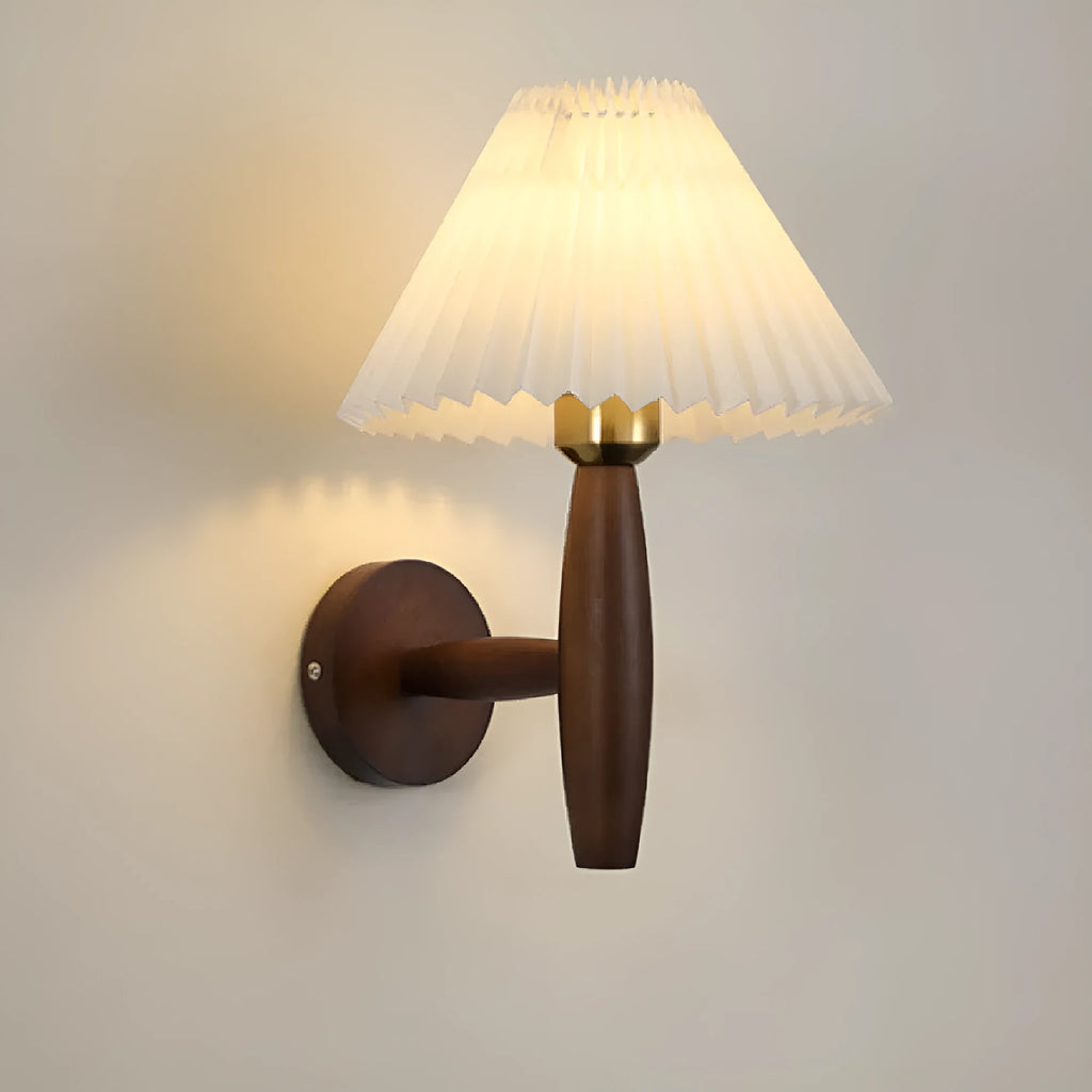 American retro style single head wall lamp with walnut wood frame and fabric shade, mounted on a wall.