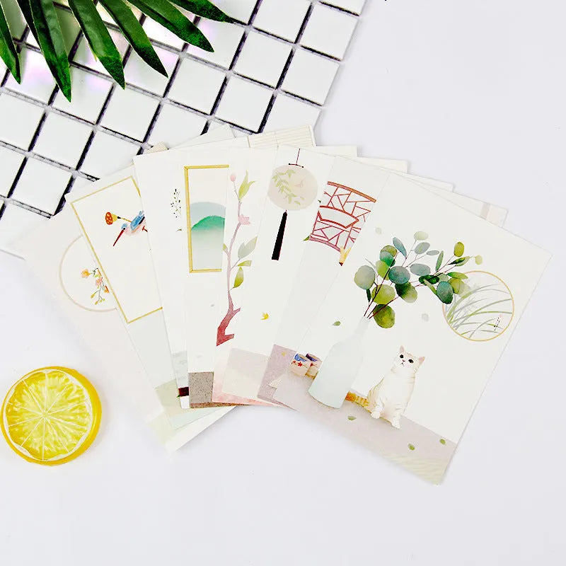 Set of nine minimalist cartoon-style postcards illustrating retro Paris towers and historic sites.
