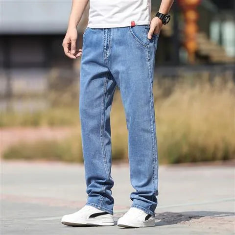 Men's smoky gray rabbit fur elastic jeans straight leg low waist design front view