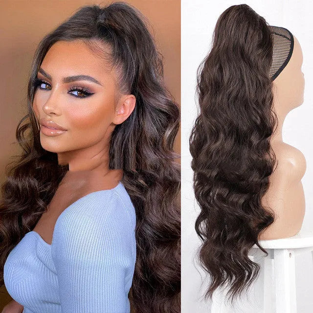 Women's drawstring ponytail hair extension in high temperature wire in colour 1B with tresses style