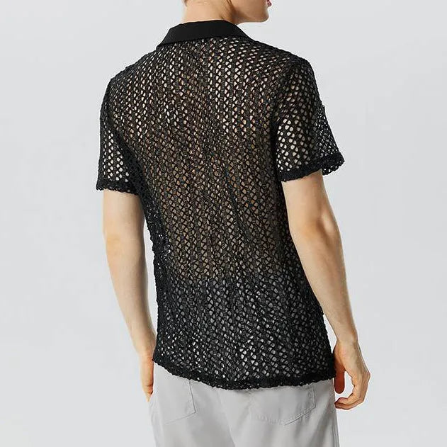 Men's solid black polyester jacquard lapel knitwear sweater for teenagers, front view, size L