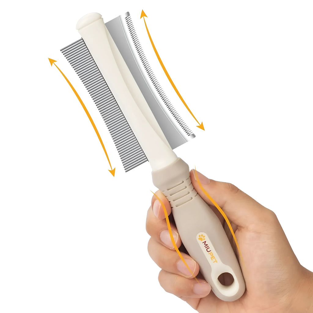 White 2-in-1 dog and cat grooming brush showing curved comb side and deshedding brush side