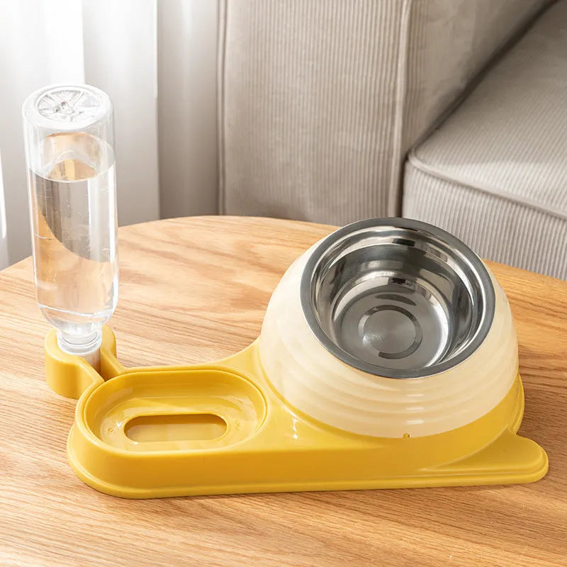 Elevated cat food bowl with water dispenser bottle in green colour