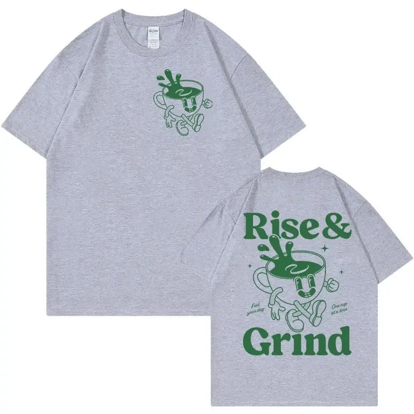 Loose fit linen t-shirt with Rise And Grind text and cartoon coffee graphic
